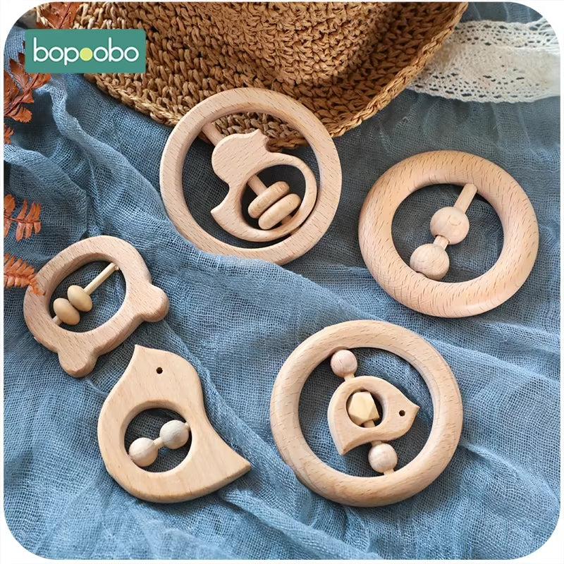 5Pc Wooden Baby Rattle Food Grade Material Baby Toy Wood Ring Baby Teether Crib Mobile Toddler Toys Baby Rattle for Baby