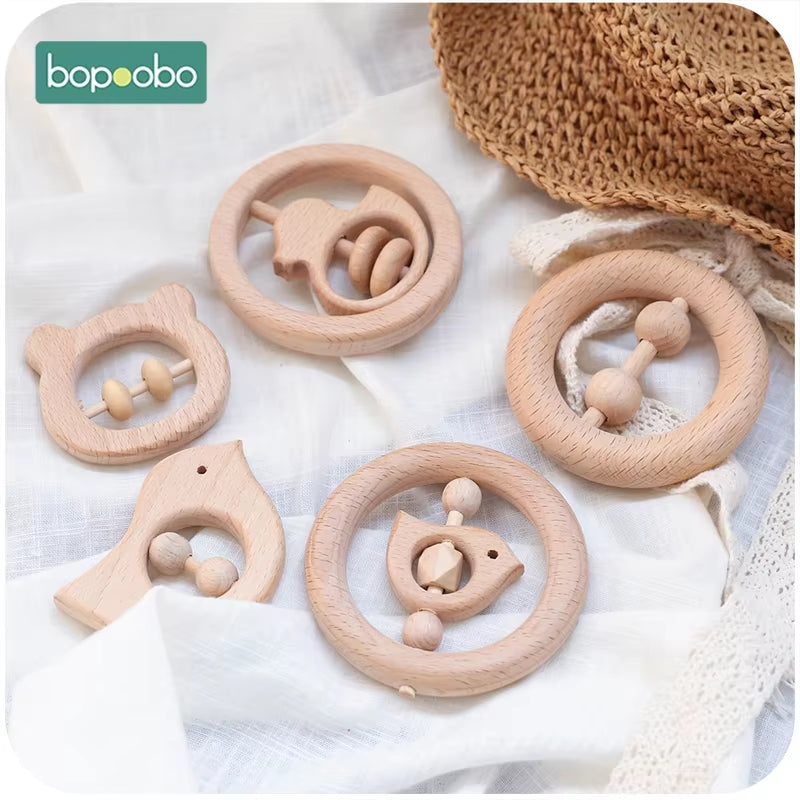5Pc Wooden Baby Rattle Food Grade Material Baby Toy Wood Ring Baby Teether Crib Mobile Toddler Toys Baby Rattle for Baby