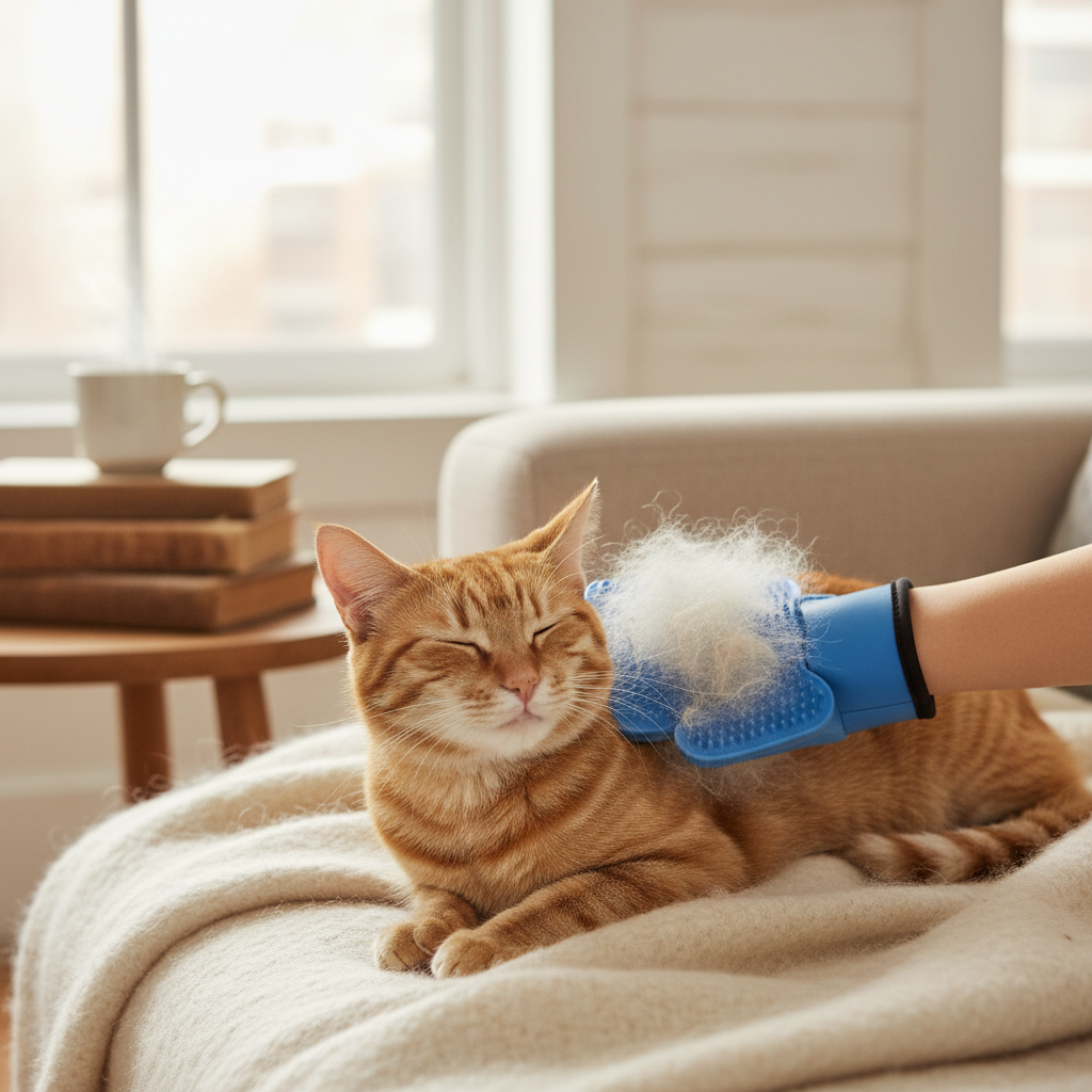 Cat being groomed with grooming glove