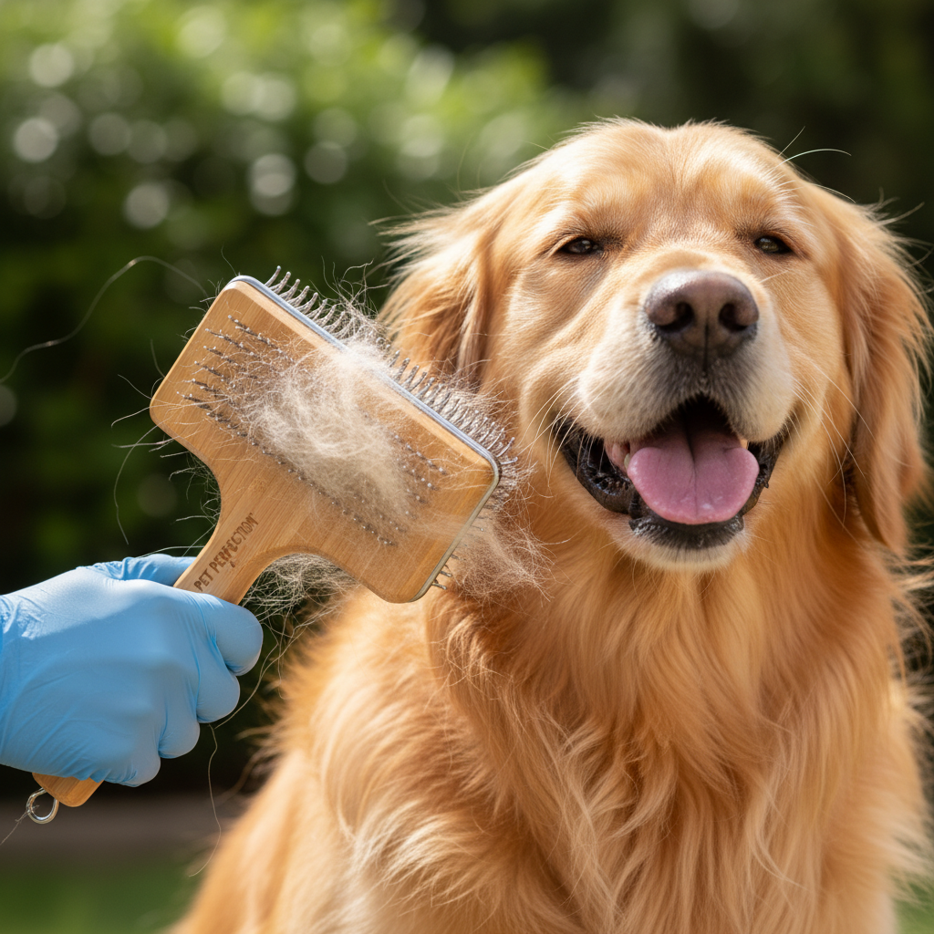 Grooming brush being used on golden retriever